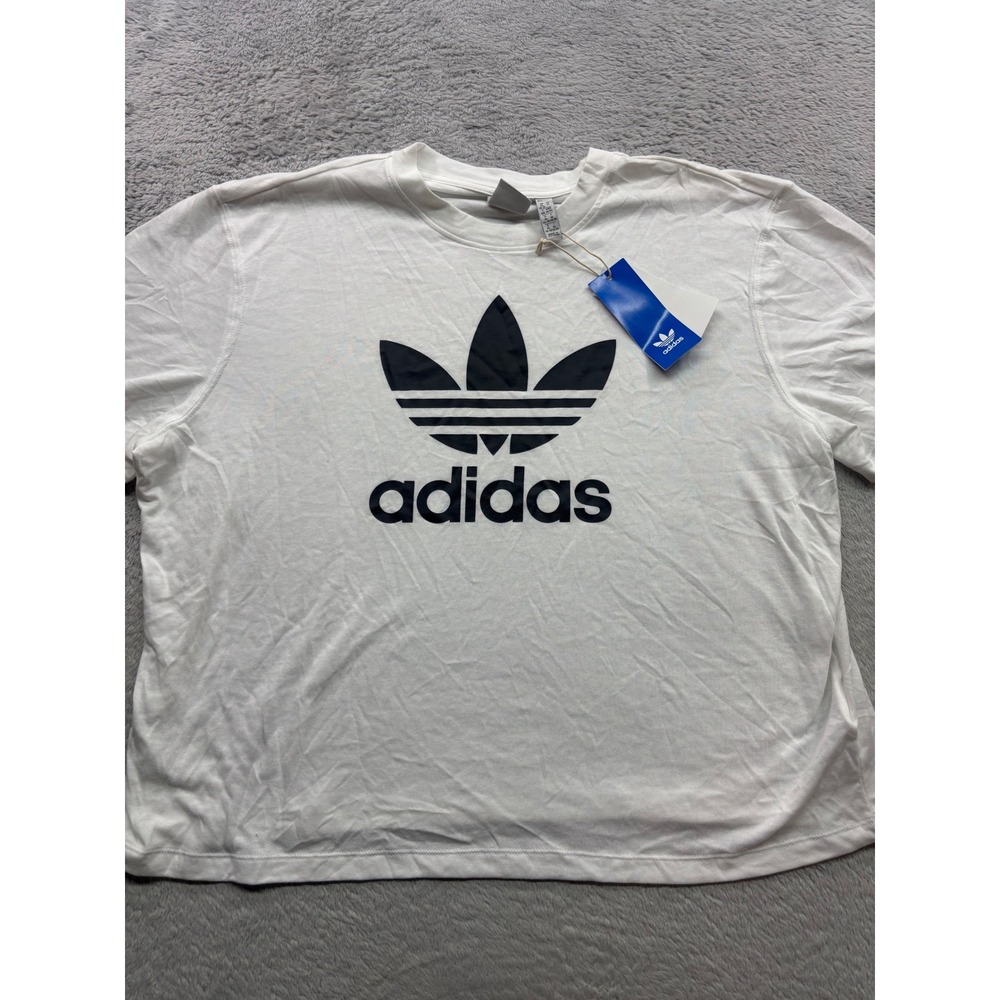 Adidas Originals Womens Trefoil Boxy Tee White Black Logo Shirt XL IN8441 NWT